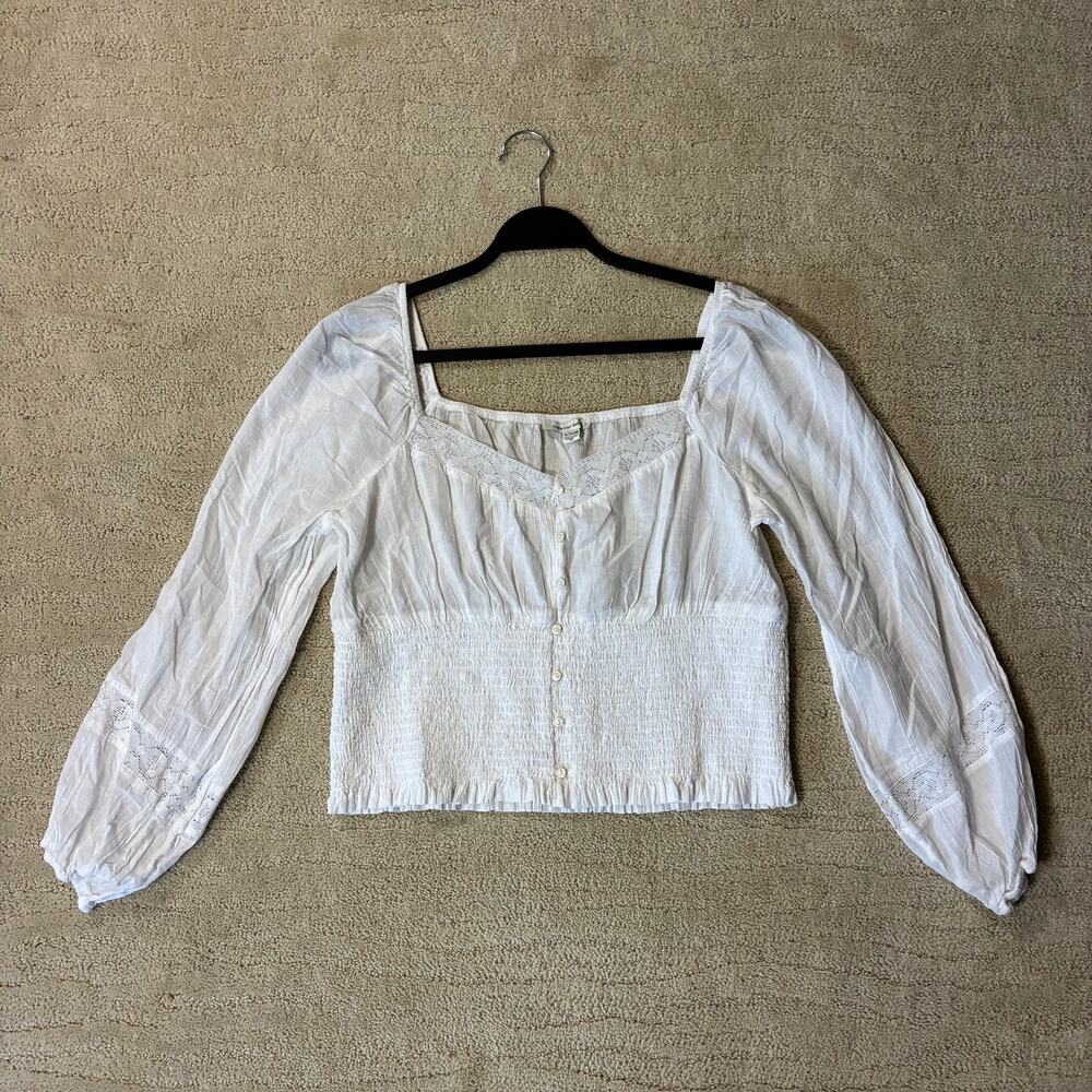 American Eagle Women XL Prairie Cottagecore Cropped Lace Smocked Top Renaissance